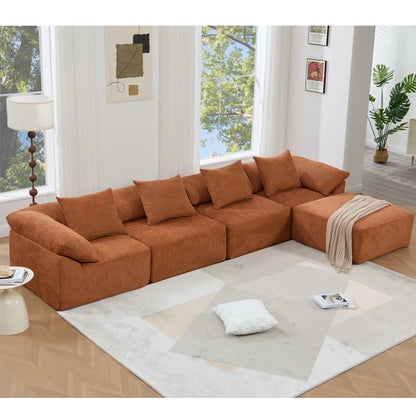 5 Piece Chenille Modular Sectional Sofa, Convertible Sleeper Couch, Full-Compressed Free-Combined Couch, 5 Seater & Ottoman-Gray or Orange