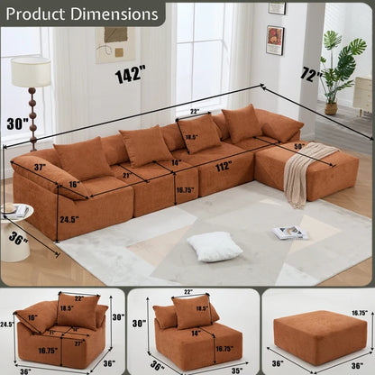 5 Piece Chenille Modular Sectional Sofa, Convertible Sleeper Couch, Full-Compressed Free-Combined Couch, 5 Seater & Ottoman-Gray or Orange