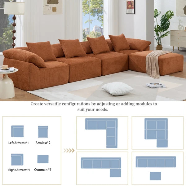 5 Piece Chenille Modular Sectional Sofa, Convertible Sleeper Couch, Full-Compressed Free-Combined Couch, 5 Seater & Ottoman-Gray or Orange