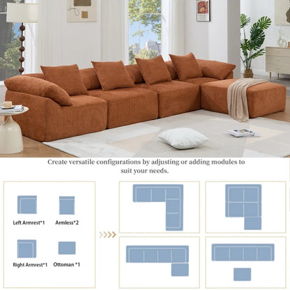 5 Piece Chenille Modular Sectional Sofa, Convertible Sleeper Couch, Full-Compressed Free-Combined Couch, 5 Seater & Ottoman-Gray or Orange