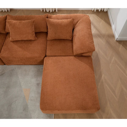 5 Piece Chenille Modular Sectional Sofa, Convertible Sleeper Couch, Full-Compressed Free-Combined Couch, 5 Seater & Ottoman-Gray or Orange