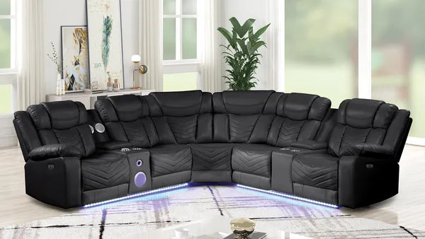 Modern Style Recliner Sectional Sofa, Built in USB-C Ports, Bluetooth & LED, Faux Leather-Ice or Black