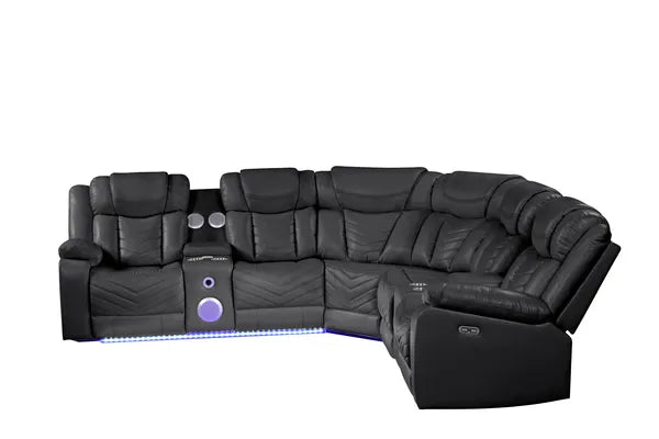 Modern Style Recliner Sectional Sofa, Built in USB-C Ports, Bluetooth & LED, Faux Leather-Ice or Black