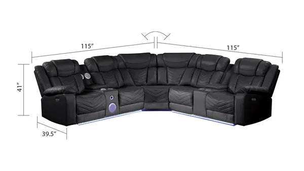 Modern Style Recliner Sectional Sofa, Built in USB-C Ports, Bluetooth & LED, Faux Leather-Ice or Black
