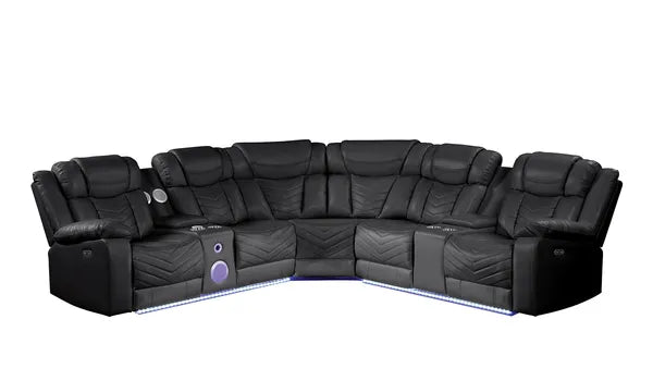 Modern Style Recliner Sectional Sofa, Built in USB-C Ports, Bluetooth & LED, Faux Leather-Ice or Black