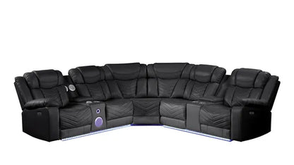 Modern Style Recliner Sectional Sofa, Built in USB-C Ports, Bluetooth & LED, Faux Leather-Ice or Black