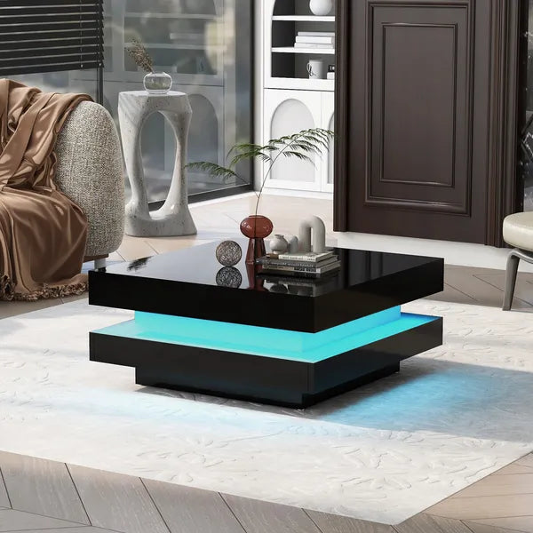 High Gloss 2-Tier Square Coffee Table w/LED Lights-White or Black