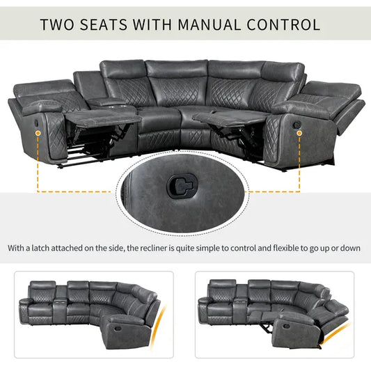 Home Theater Seating, Manual Recliner w/Cup Holder, Hide-Away Storage PU Reclining Sofa-Black or Gray
