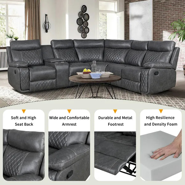 Home Theater Seating, Manual Recliner w/Cup Holder, Hide-Away Storage PU Reclining Sofa-Black or Gray