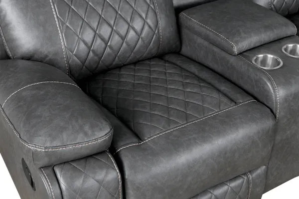 Home Theater Seating, Manual Recliner w/Cup Holder, Hide-Away Storage PU Reclining Sofa-Black or Gray