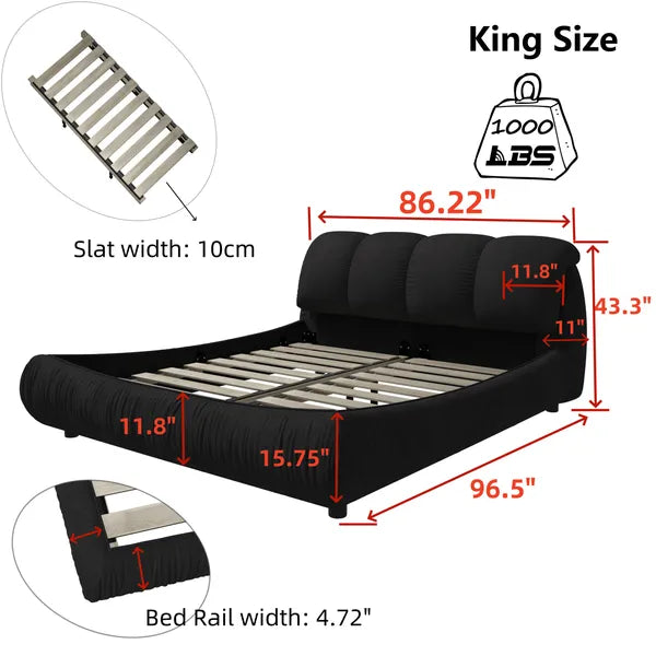 Luxury Queen or King Size Upholstered Platform Bed w/Oversized Padded Backrest and Solid Wood Frame-Green, Black, Beige or Gray