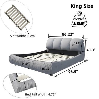 Luxury Queen or King Size Upholstered Platform Bed w/Oversized Padded Backrest and Solid Wood Frame-Green, Black, Beige or Gray