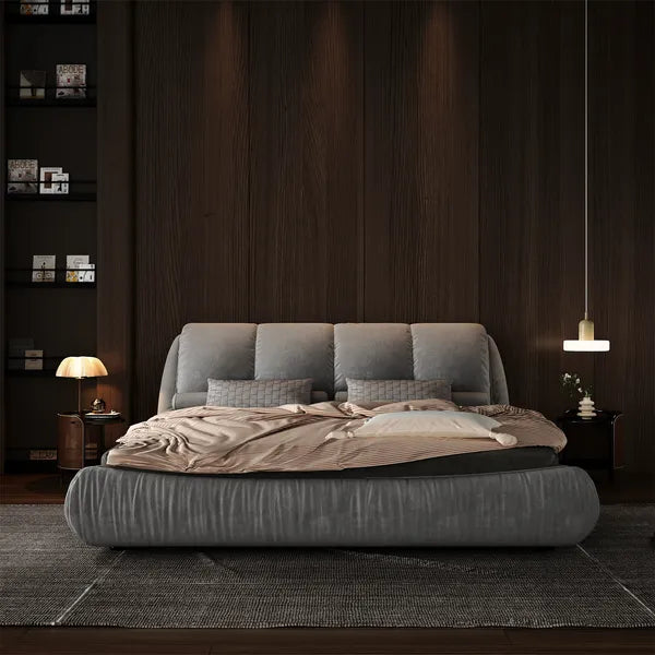 Luxury Queen or King Size Upholstered Platform Bed w/Oversized Padded Backrest and Solid Wood Frame-Green, Black, Beige or Gray