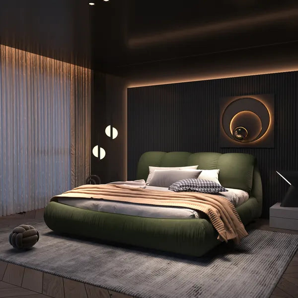 Luxury Queen or King Size Upholstered Platform Bed w/Oversized Padded Backrest and Solid Wood Frame-Green, Black, Beige or Gray