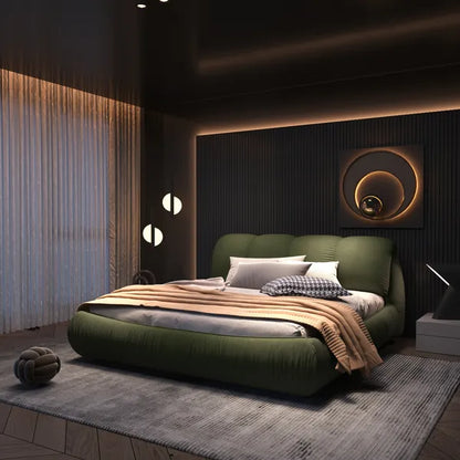 Luxury Queen or King Size Upholstered Platform Bed w/Oversized Padded Backrest and Solid Wood Frame-Green, Black, Beige or Gray