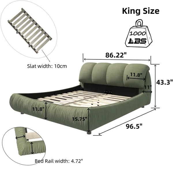 Luxury Queen or King Size Upholstered Platform Bed w/Oversized Padded Backrest and Solid Wood Frame-Green, Black, Beige or Gray