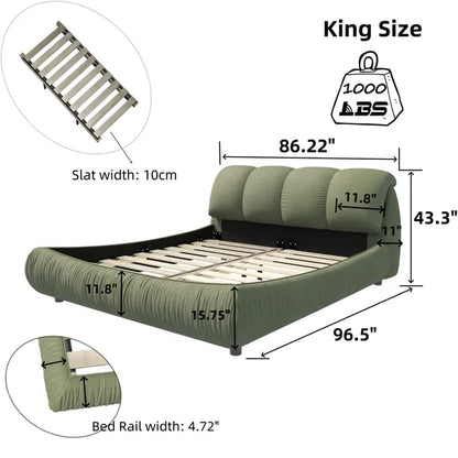Luxury Queen or King Size Upholstered Platform Bed w/Oversized Padded Backrest and Solid Wood Frame-Green, Black, Beige or Gray