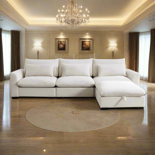 L-Shaped Corduroy Sectional Sofa Couch w/Storage Footstool and 3 Pillow-Black or Beige