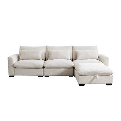 L-Shaped Corduroy Sectional Sofa Couch w/Storage Footstool and 3 Pillow-Black or Beige