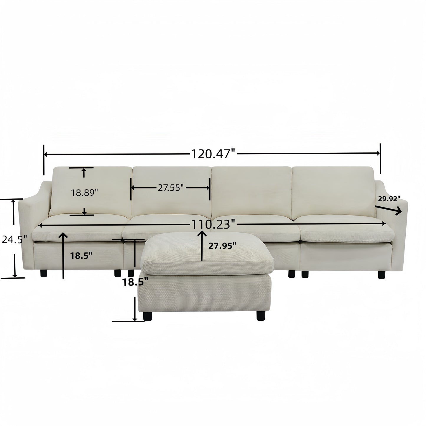 Modern 120" Chenille, 4-Seater Modular, Deep Sofa w/Ottoman-Beige or Gray