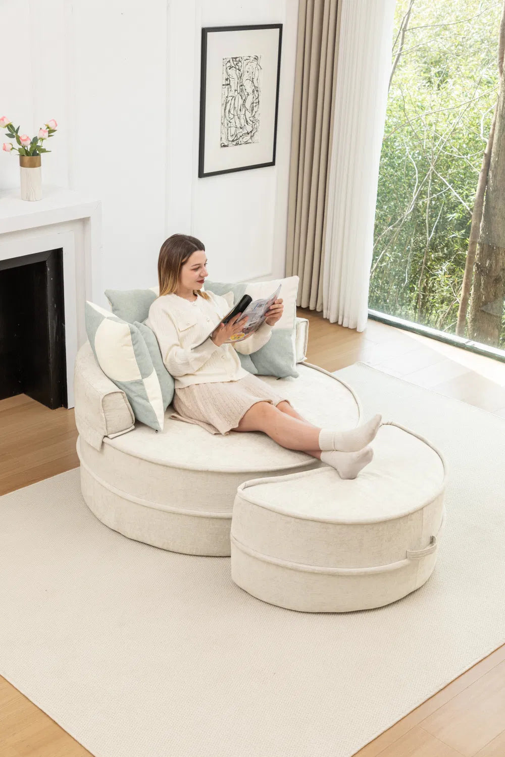 Oversized Round Accent Barrel Chair w/5 Pillows Soft Velvet Upholstered Armchair Lazy Lounge Sofa w/Ottoman-Gray, Light Green or Beige