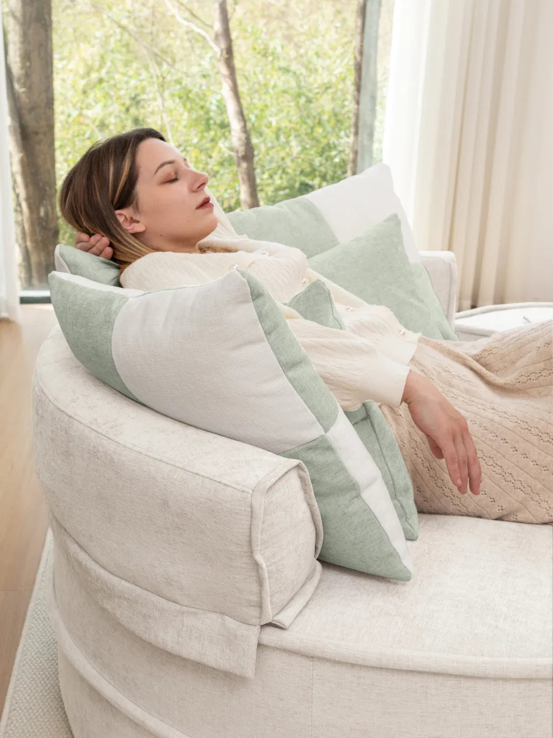 Oversized Round Accent Barrel Chair w/5 Pillows Soft Velvet Upholstered Armchair Lazy Lounge Sofa w/Ottoman-Gray, Light Green or Beige