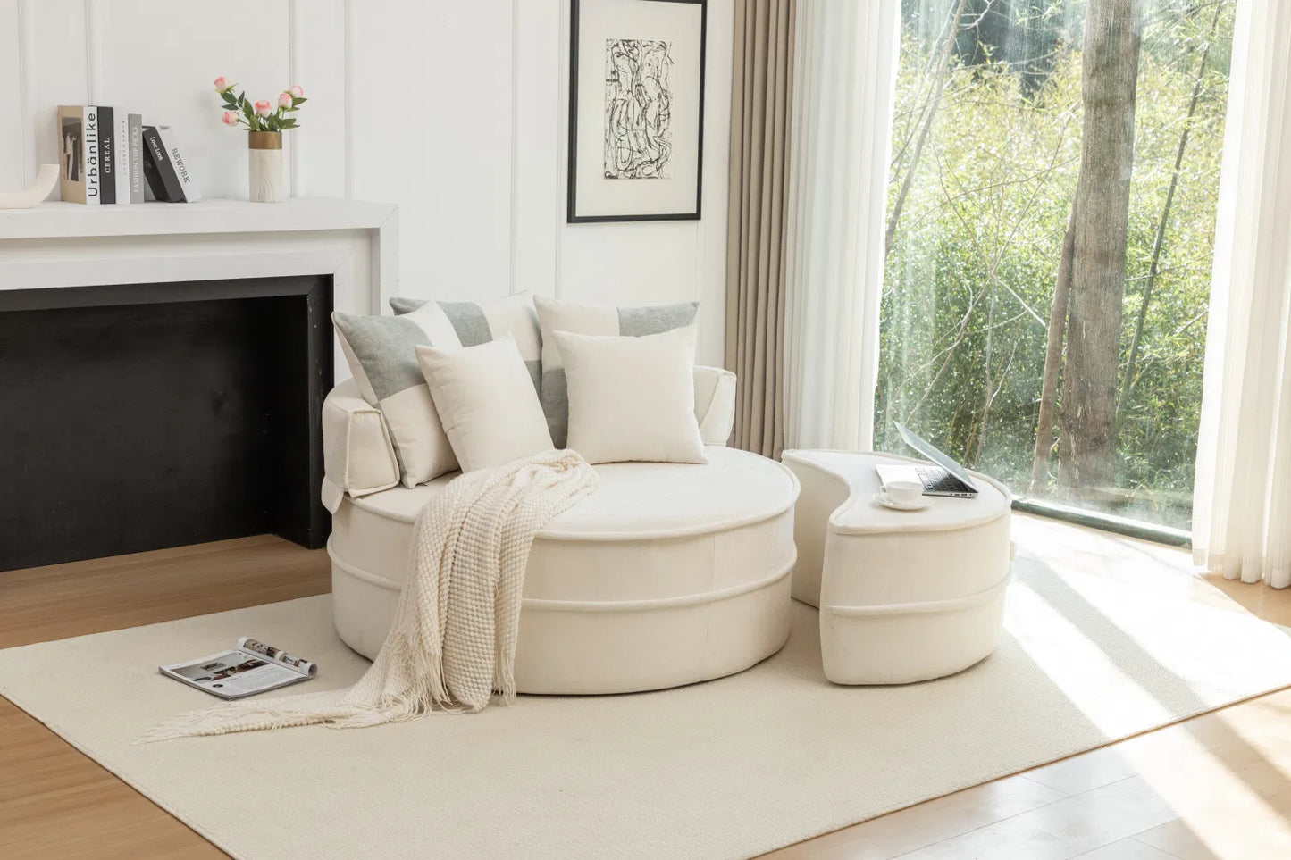 Oversized Round Accent Barrel Chair w/5 Pillows Soft Velvet Upholstered Armchair Lazy Lounge Sofa w/Ottoman-Gray, Light Green or Beige