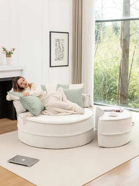 Oversized Round Accent Barrel Chair w/5 Pillows Soft Velvet Upholstered Armchair Lazy Lounge Sofa w/Ottoman-Gray, Light Green or Beige