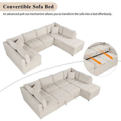 Oversized 117" Sectional Sofa, U- shaped Sofa Couch Pull-out Sofa Bed w/Two Throw Pillows-Gray or Beige