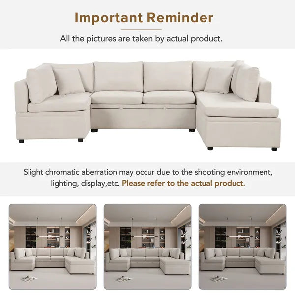 Oversized 117" Sectional Sofa, U- shaped Sofa Couch Pull-out Sofa Bed w/Two Throw Pillows-Gray or Beige