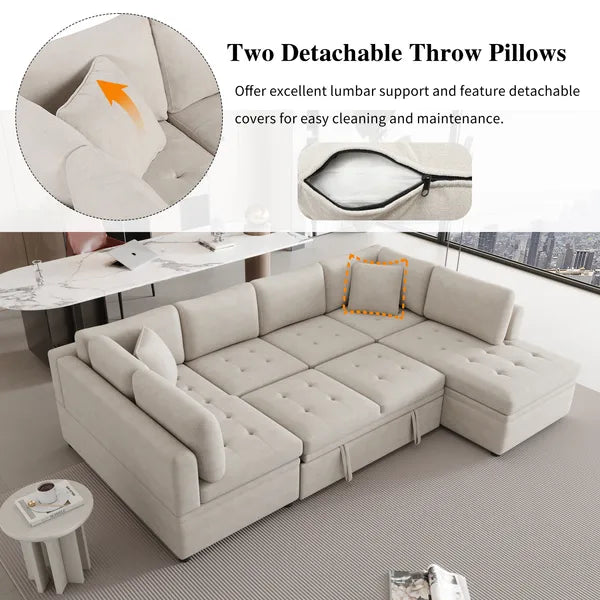 Oversized 117" Sectional Sofa, U- shaped Sofa Couch Pull-out Sofa Bed w/Two Throw Pillows-Gray or Beige