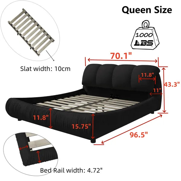 Luxury Queen or King Size Upholstered Platform Bed w/Oversized Padded Backrest and Solid Wood Frame-Green, Black, Beige or Gray