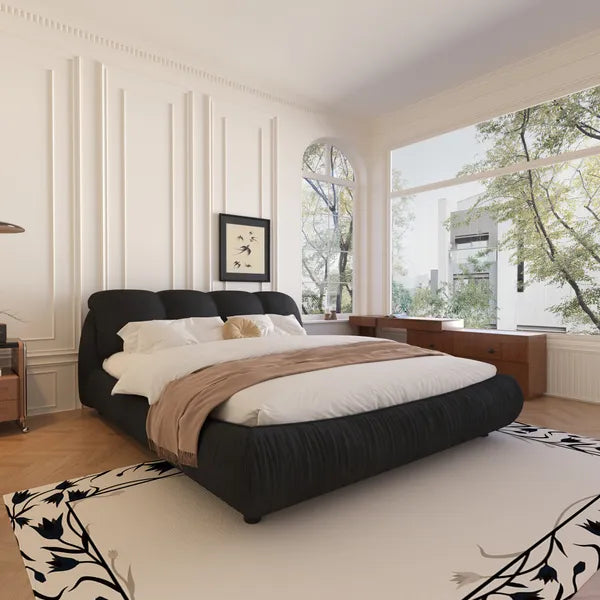 Luxury Queen or King Size Upholstered Platform Bed w/Oversized Padded Backrest and Solid Wood Frame-Green, Black, Beige or Gray