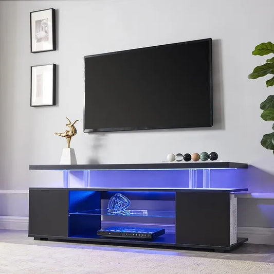 TV Stand, LED Entertainment Center Media Storage Console Table w/Large Side Cabinet-White or Black