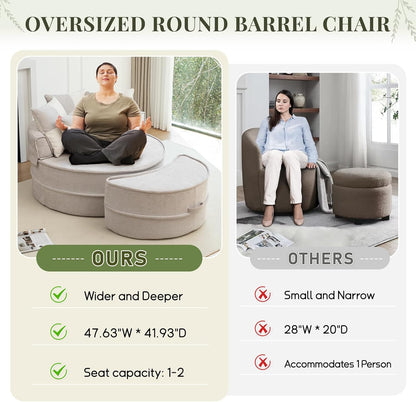 Oversized Round Accent Barrel Chair w/5 Pillows Soft Velvet Upholstered Armchair Lazy Lounge Sofa w/Ottoman-Gray, Light Green or Beige