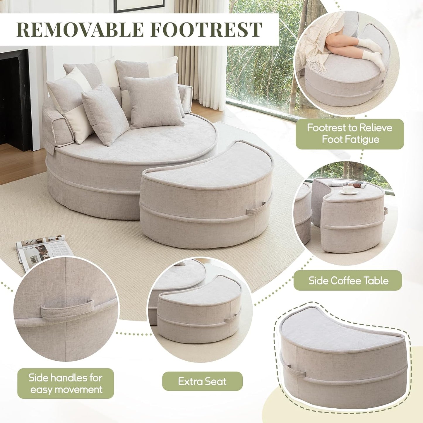 Oversized Round Accent Barrel Chair w/5 Pillows Soft Velvet Upholstered Armchair Lazy Lounge Sofa w/Ottoman-Gray, Light Green or Beige