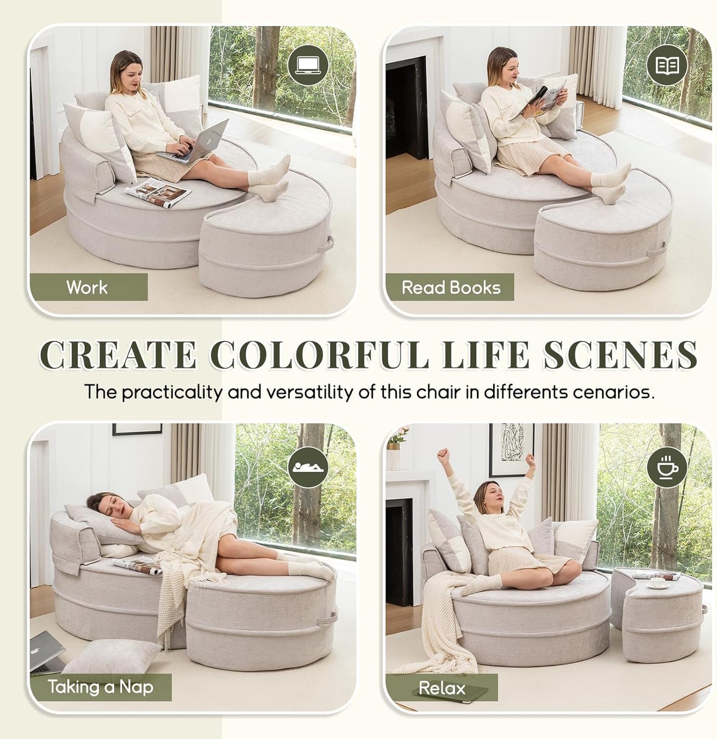 Oversized Round Accent Barrel Chair w/5 Pillows Soft Velvet Upholstered Armchair Lazy Lounge Sofa w/Ottoman-Gray, Light Green or Beige