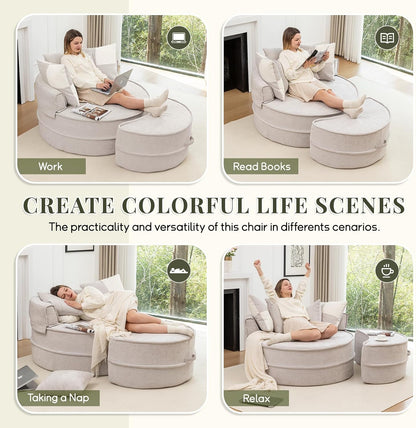 Oversized Round Accent Barrel Chair w/5 Pillows Soft Velvet Upholstered Armchair Lazy Lounge Sofa w/Ottoman-Gray, Light Green or Beige