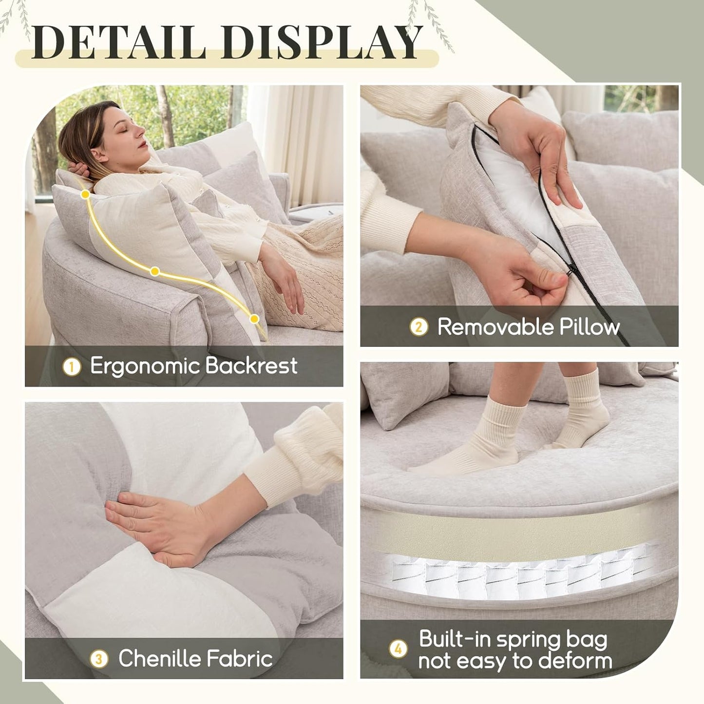 Oversized Round Accent Barrel Chair w/5 Pillows Soft Velvet Upholstered Armchair Lazy Lounge Sofa w/Ottoman-Gray, Light Green or Beige