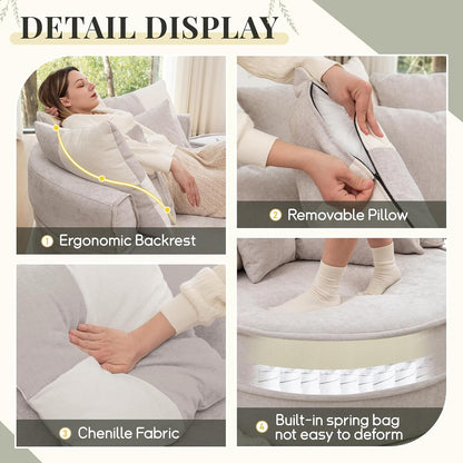 Oversized Round Accent Barrel Chair w/5 Pillows Soft Velvet Upholstered Armchair Lazy Lounge Sofa w/Ottoman-Gray, Light Green or Beige