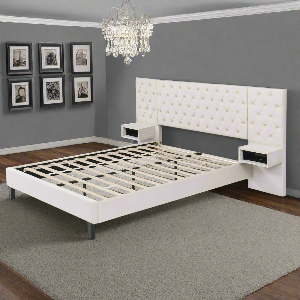 Modern Velvet Upholstered Platform Bed w/2 Nightstands, Queen Size w/Headboard, w/diamond tufted-Beige
