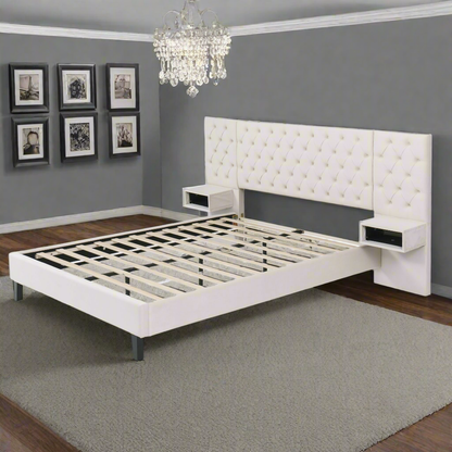 Modern Velvet Upholstered Platform Bed w/2 Nightstands, Queen Size w/Headboard, w/diamond tufted-Beige
