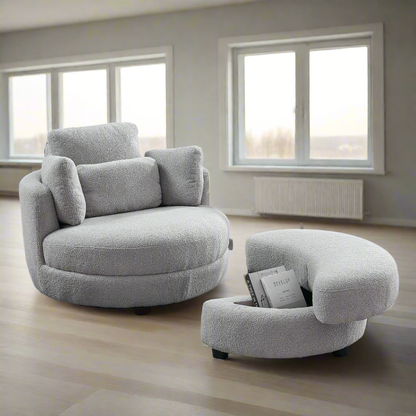 Modern Round Oversized Accent Loveseat 39"W Swivel Barrel Chair w/moon storage ottoman, 4 Pillows, Teddy Fabric-Gray Teddy