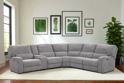 Modern Chenille Fabric Power Reclining Sectional w/Power Headrest, Charging Ports, Storage, and Cupholders-Light Gray