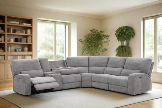 Modern Chenille Fabric Power Reclining Sectional w/Power Headrest, Charging Ports, Storage, and Cupholders-Light Gray