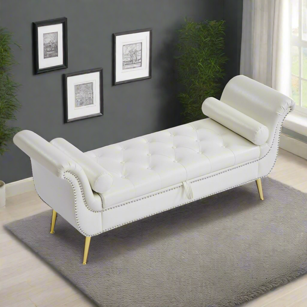 Sitting Bench PU Leather w/Storage Space and 2 Pillows-Brown or White