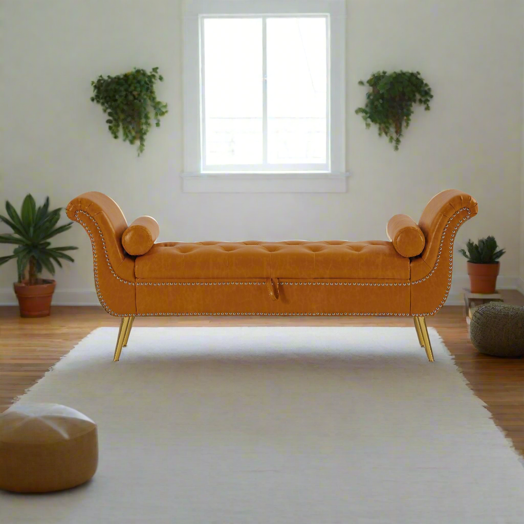Sitting Bench PU Leather w/Storage Space and 2 Pillows-Brown or White