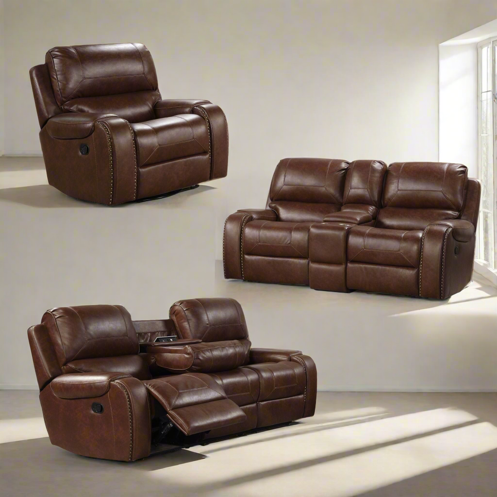 Achern Leather-Air Nailhead Manual Reclining 3pcs Sofa Set-Brown