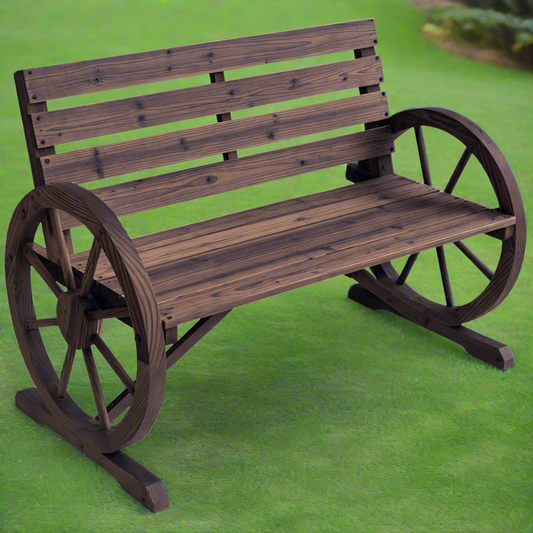 Outdoor 2-Person Patio Wagon Wheel Bench, Rustic Carbonized Finish w/Backrest-Brown
