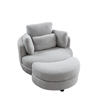 Modern Round Oversized Accent Loveseat 39"W Swivel Barrel Chair w/moon storage ottoman, 4 Pillows, Teddy Fabric-Gray Teddy